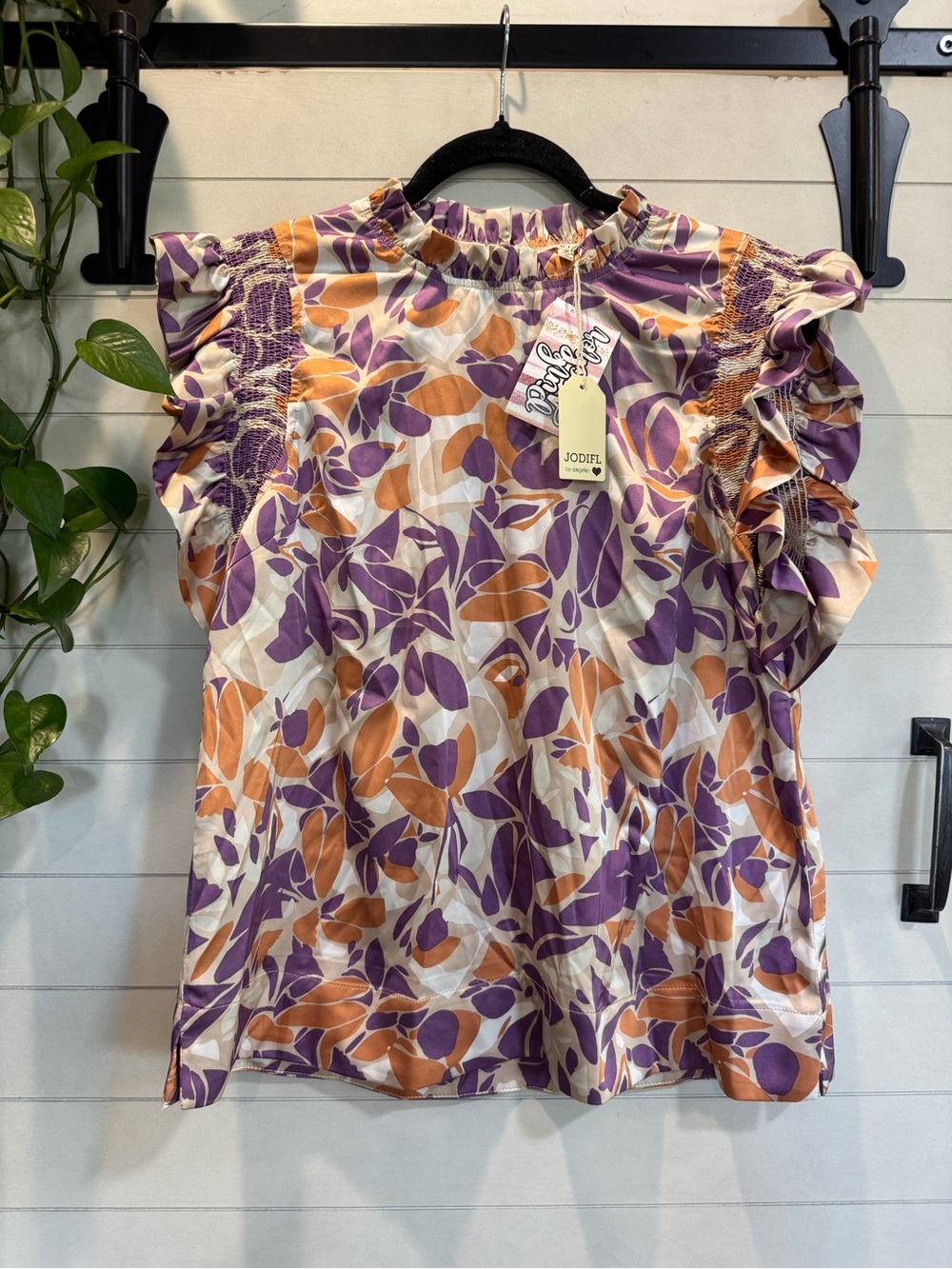 JODIFL Purple & Orange Leaf Print Ruffle Sleeve Blouse